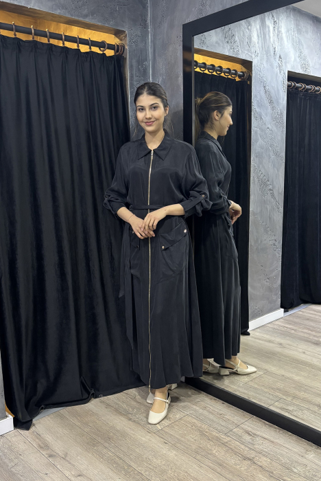 Si Design Önü Fermuarlı Cupro Elbise BLACK - 3