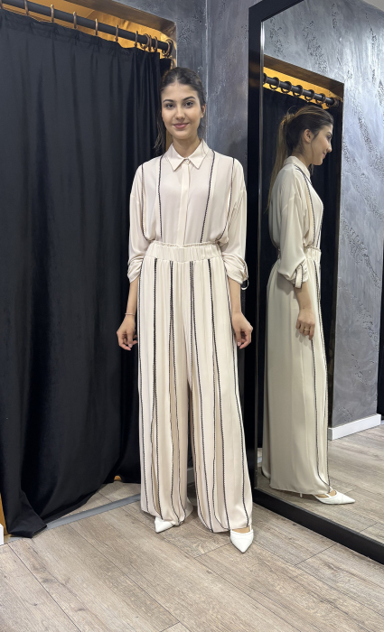Si Design Oya Detaylı Beli Lastikli Pantolon BEİGE - 3