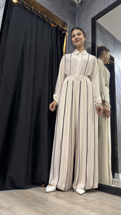 Si Design Oya Detaylı Beli Lastikli Pantolon BEİGE - 4