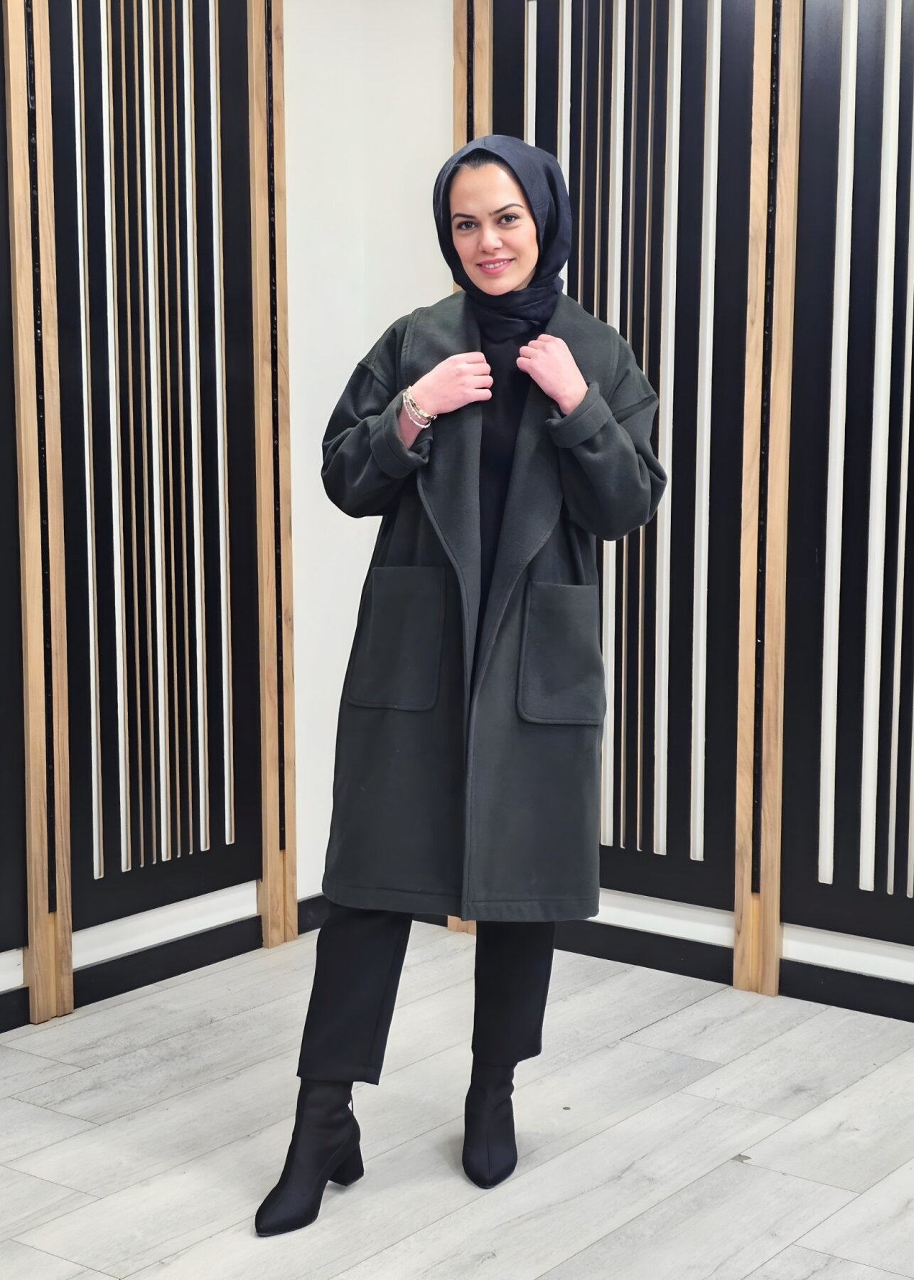 Si Design Şal Yaka Kaşe Kaban HAKİ - 1