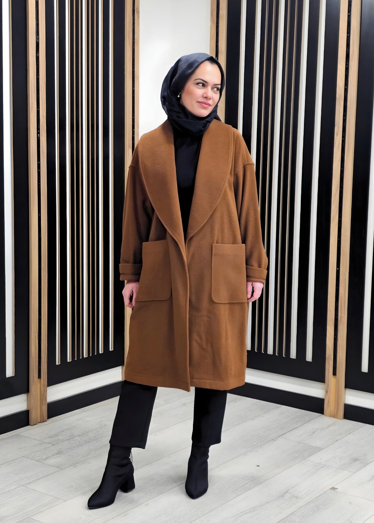 Si Design Şal Yaka Kaşe Kaban KAHVE - 3