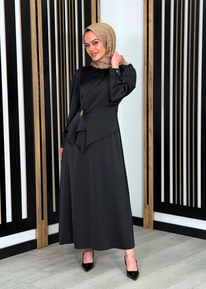 Si Design Saten Belden Parçalı Elbise BLACK 