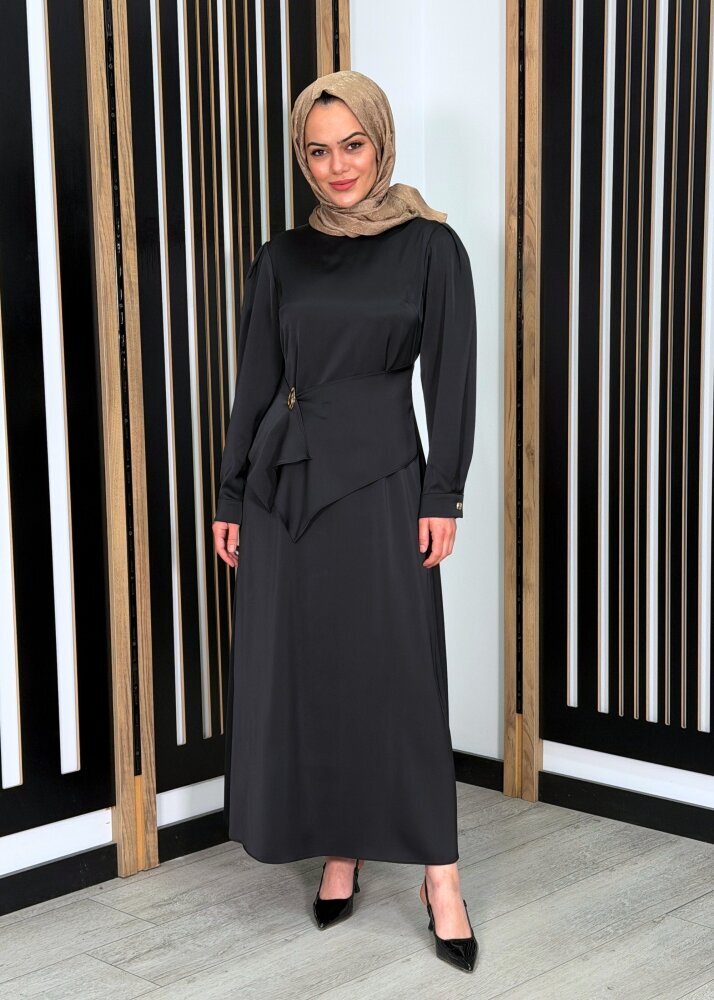 Si Design Saten Belden Parçalı Elbise BLACK - 3
