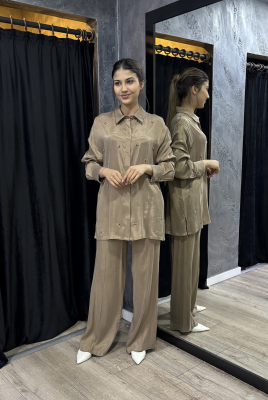 Si Design Teş Detaylı Cupro Gömlek MİNK 