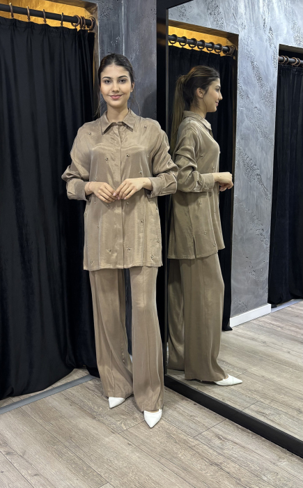 Si Design Teş Detaylı Cupro Gömlek MİNK - 2