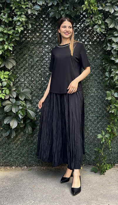 Si Design Yakası Taşlı Kısa Kol Bluz BLACK - 1