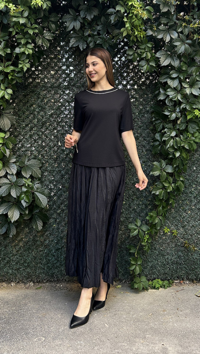 Si Design Yakası Taşlı Kısa Kol Bluz BLACK - 2