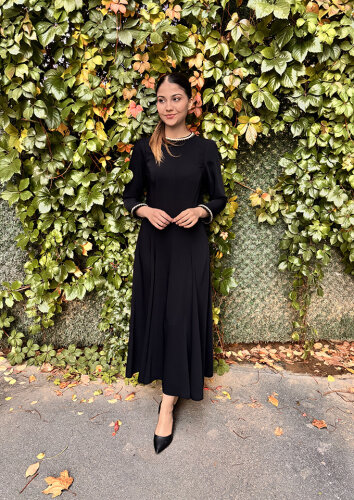 Si Design Yakası ve Kol Ucu Örgü Krep Elbise BLACK