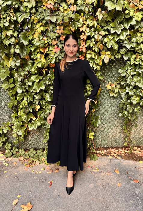 Si Design Yakası ve Kol Ucu Örgü Krep Elbise BLACK - 2
