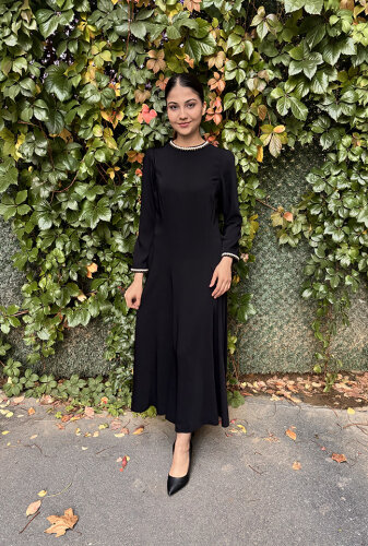 Si Design Yakası ve Kol Ucu Örgü Krep Elbise BLACK - 4