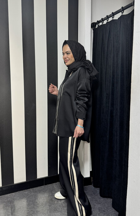 Si Design Yandan Taş Detaylı Pantolon BLACK - 3