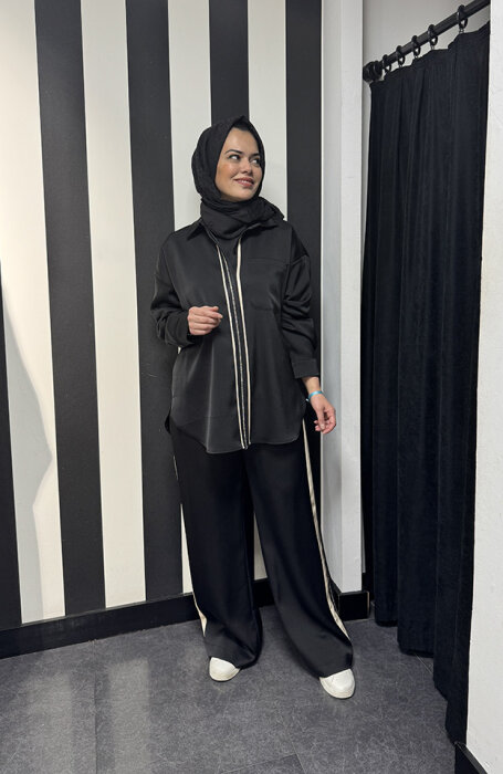 Si Design Yandan Taş Detaylı Pantolon BLACK - 4