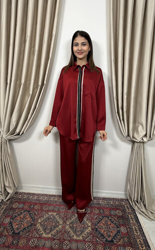 Si Design Yandan Taş Detaylı Pantolon WINE