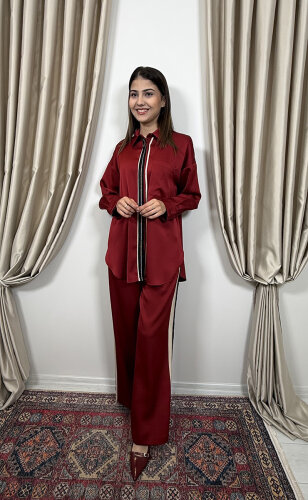 Si Design Yandan Taş Detaylı Pantolon WINE - 3