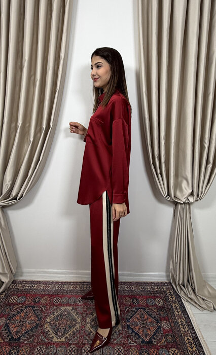 Si Design Yandan Taş Detaylı Pantolon WINE - 4