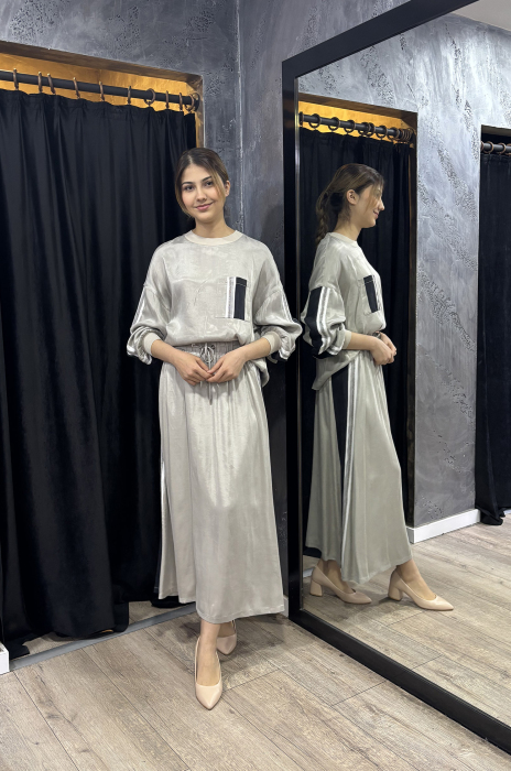 Si Design Yanları Boncuk Detaylı Etek GREY - 2