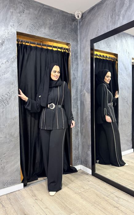Si Design Yanları Örgülü Bol Pantolon SİYAH - 2