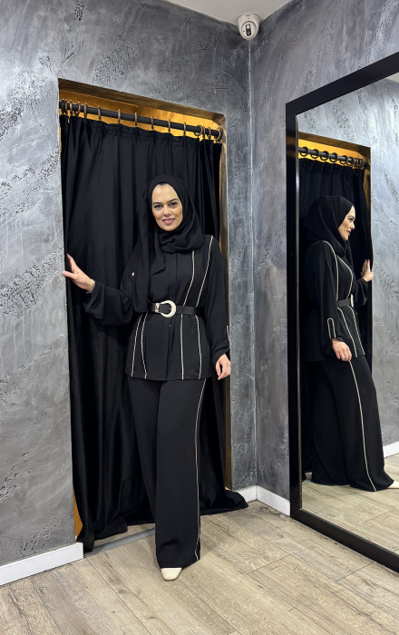 Si Design Yanları Örgülü Bol Pantolon SİYAH - 1