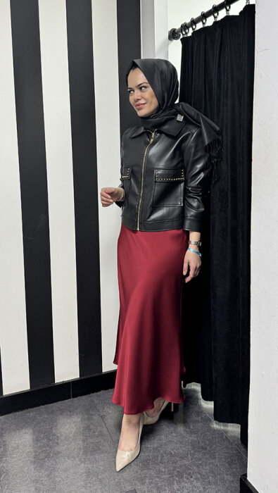 Si Desing Balık Kesim Saten Etek BORDO - 2