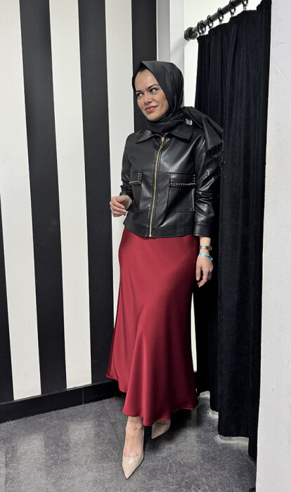 Si Desing Balık Kesim Saten Etek BORDO - 3