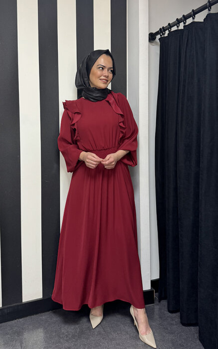Si Desing Beli Büzgülü Önü Fırfırlı Elbise BORDO - 1