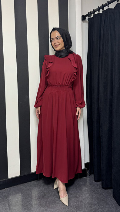 Si Desing Beli Büzgülü Önü Fırfırlı Elbise BORDO - 2