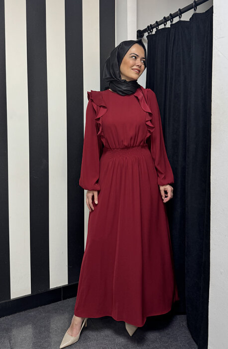 Si Desing Beli Büzgülü Önü Fırfırlı Elbise BORDO - 3