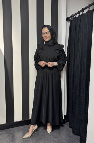 Si Desing Beli Büzgülü Önü Fırfırlı Elbise SİYAH