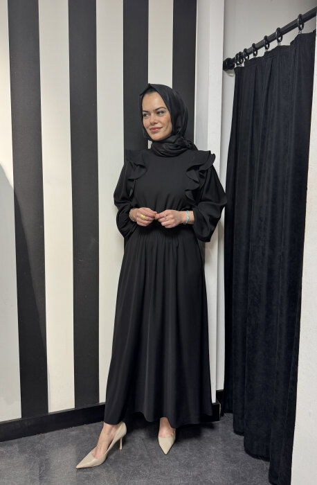 Si Desing Beli Büzgülü Önü Fırfırlı Elbise SİYAH - 1