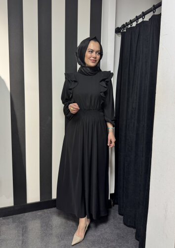 Si Desing Beli Büzgülü Önü Fırfırlı Elbise SİYAH - 2