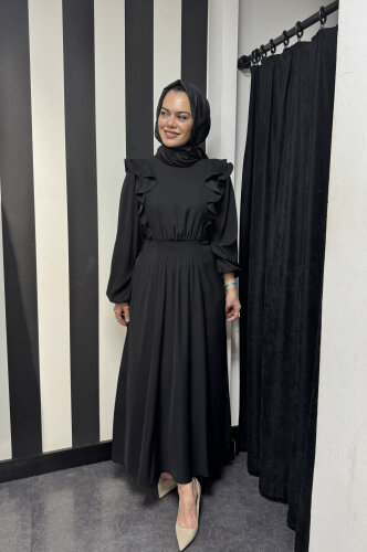 Si Desing Beli Büzgülü Önü Fırfırlı Elbise SİYAH - 3