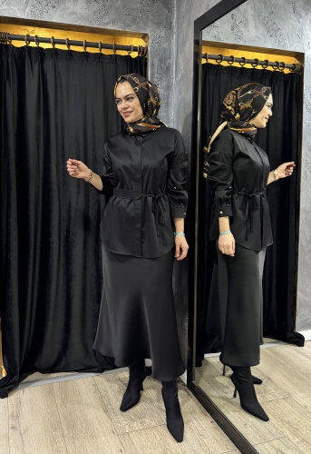 Si Desing Beli Kemerli Tunik SİYAH