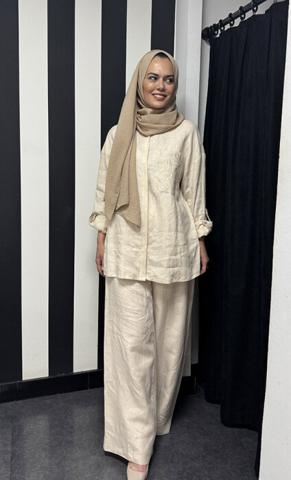 Si Desing Bol Paça Keten Pantolon BEJ - 2