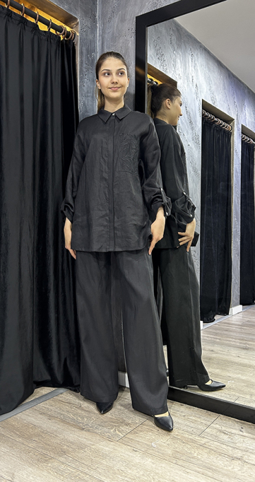 Si Desing Bol Paça Keten Pantolon SİYAH - 1