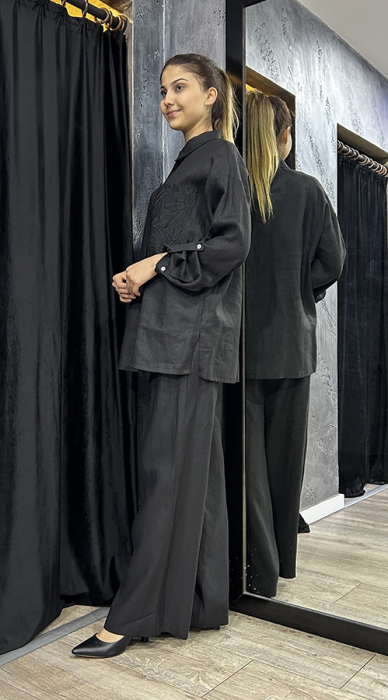 Si Desing Bol Paça Keten Pantolon SİYAH - 4