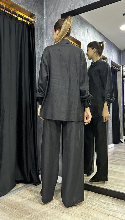 Si Desing Bol Paça Keten Pantolon SİYAH - 5
