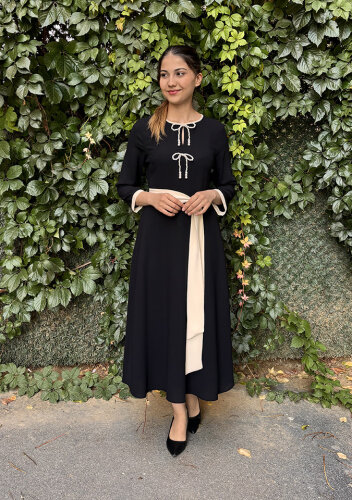 Si Desing İnci Detaylı Biyeli Elbise SİYAH