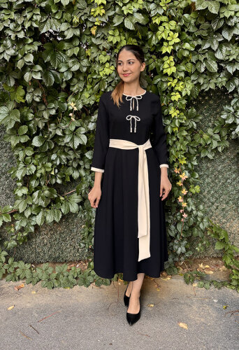 Si Desing İnci Detaylı Biyeli Elbise SİYAH - 2