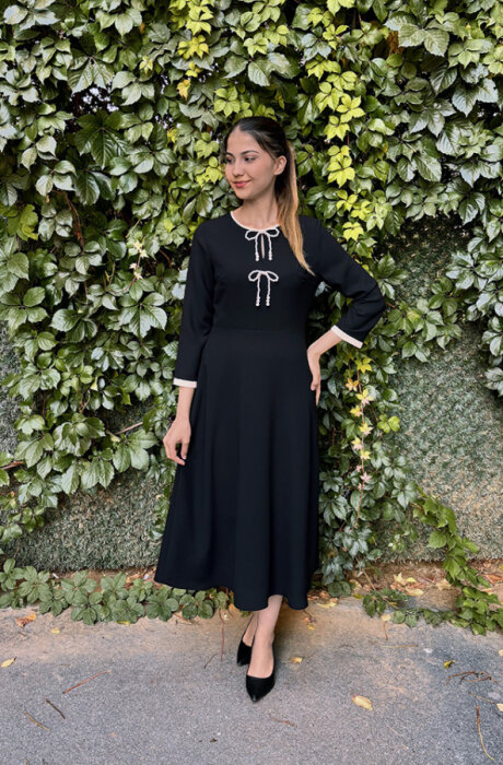 Si Desing İnci Detaylı Biyeli Elbise SİYAH - 3