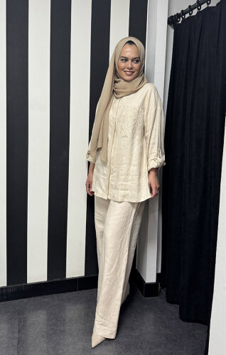 Si Desing Keten Yapraklı Ceket BEJ - 3