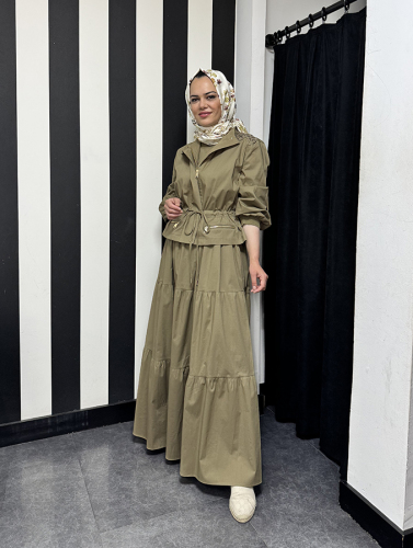 Si Desing Omuzu Yaprak Desenli Beli Büzgülü Kap HAKİ 