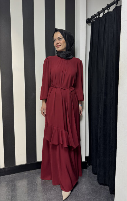 Si Desing Önü Büzgülü Elbise BORDO - 1