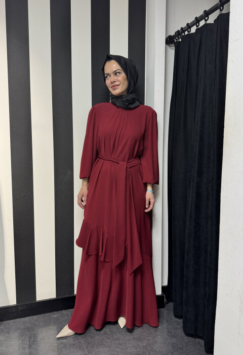 Si Desing Önü Büzgülü Elbise BORDO - 2