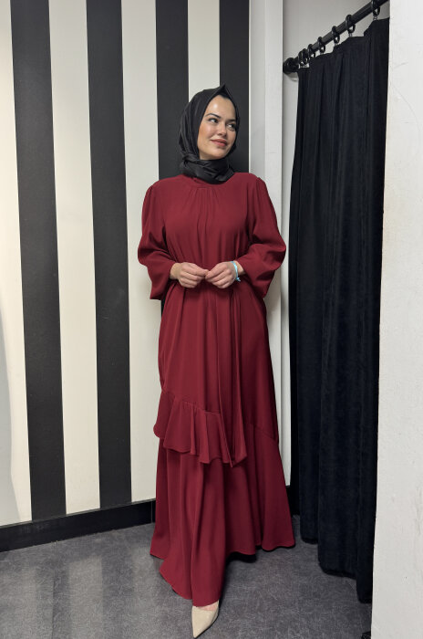 Si Desing Önü Büzgülü Elbise BORDO - 3