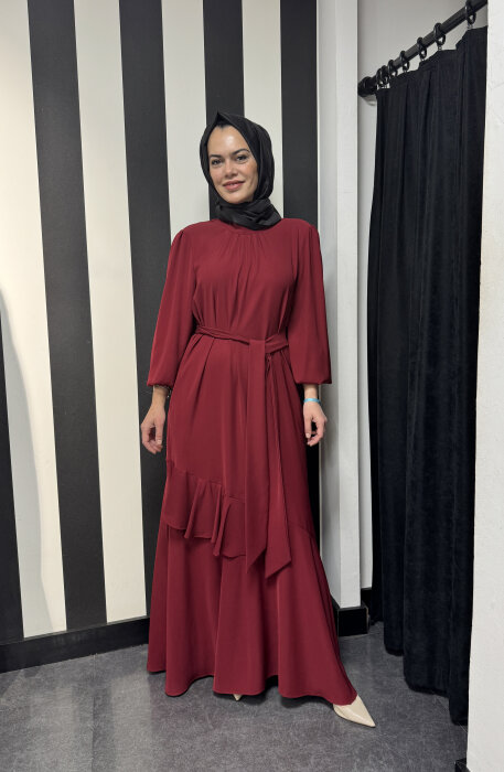 Si Desing Önü Büzgülü Elbise BORDO - 4