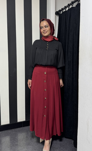 Si Desing Önü Düğmeli Etek BORDO - 4