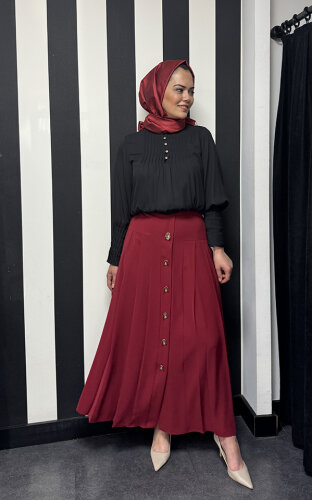 Si Desing Önü Düğmeli Etek BORDO - 1