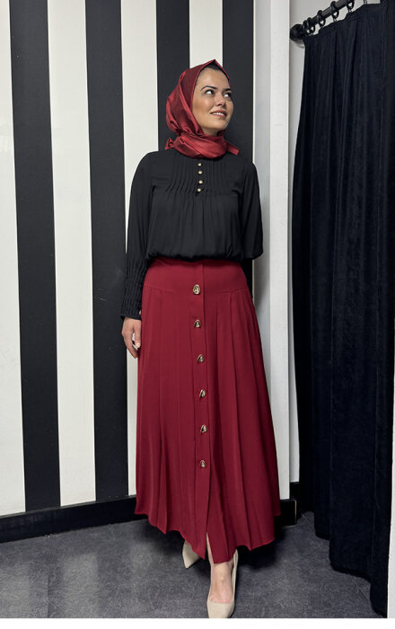 Si Desing Önü Düğmeli Etek BORDO - 3