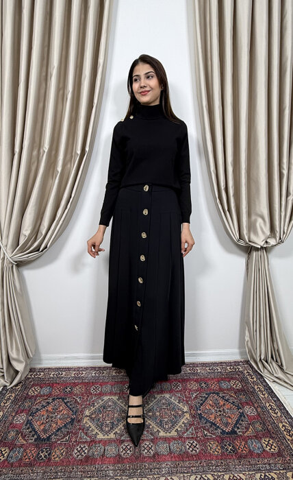 Si Desing Önü Düğmeli Etek SİYAH - 1