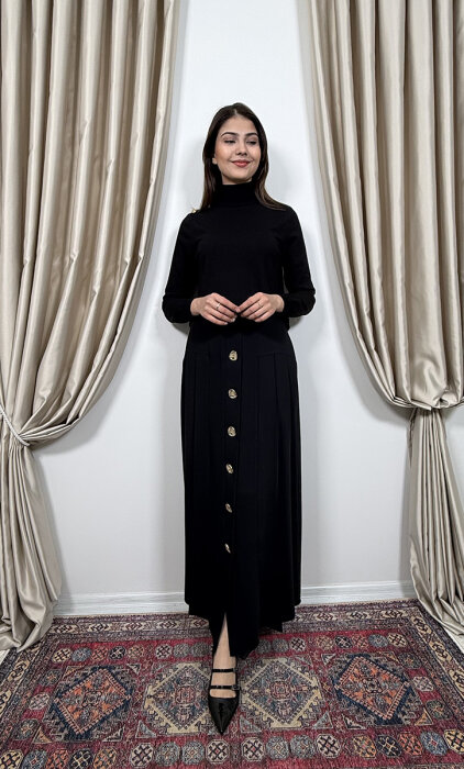 Si Desing Önü Düğmeli Etek SİYAH - 2